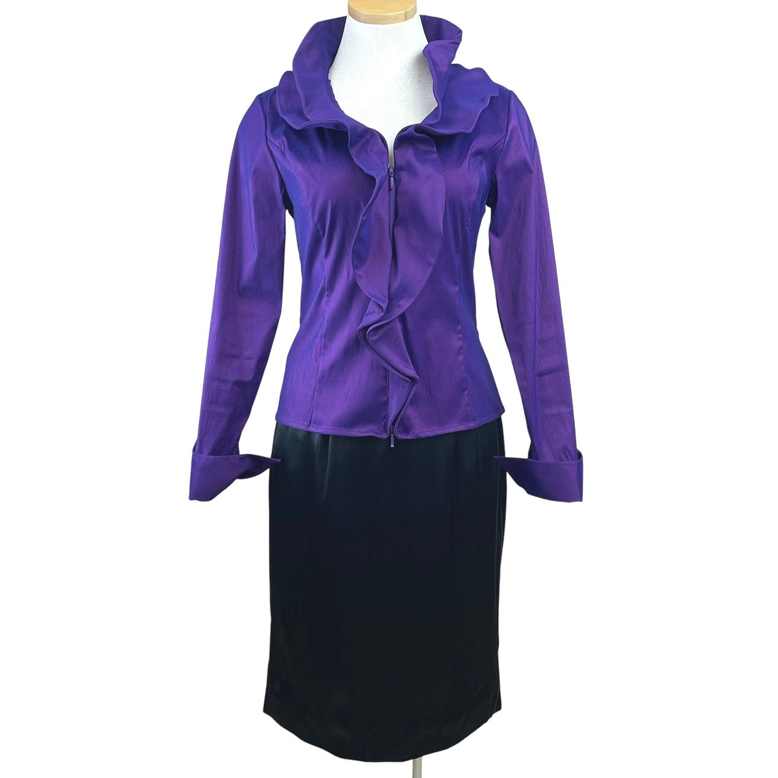 Samuel Dong Womens (S/M) Skirt Suit Purple Black Ruffle Wire Elegant Party Chic